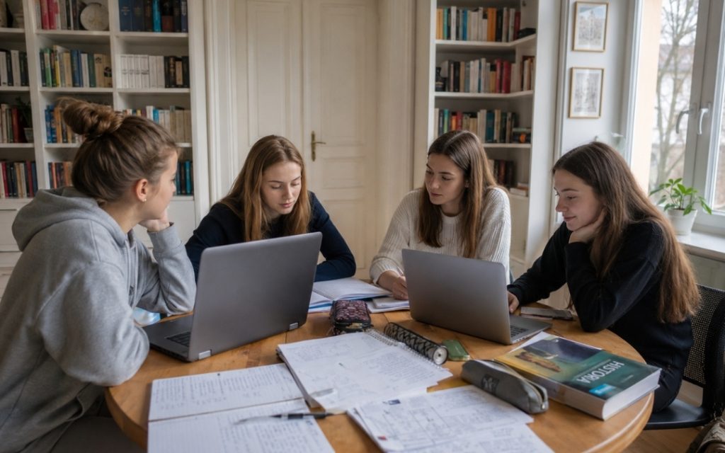 Cztery nastolatki siedzą przy okrągłym stole w pokoju z regałami i wspólnie uczą się przy laptopach.