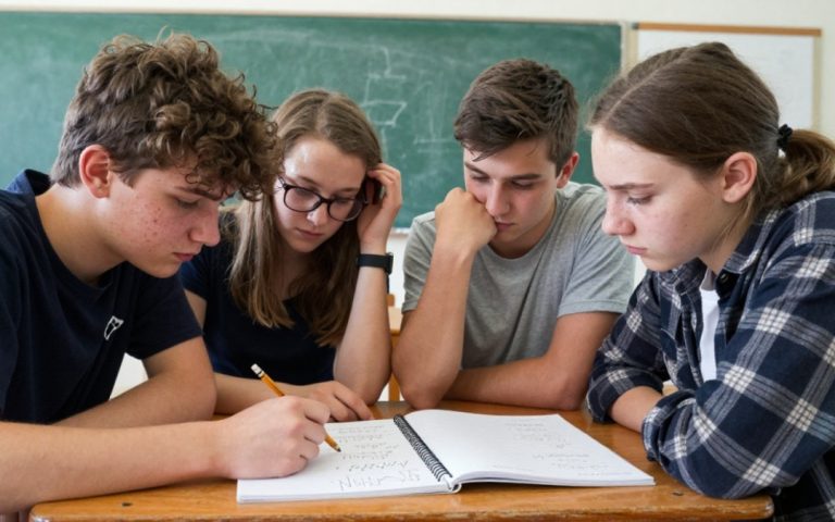 Czworo nastolatków pochyla się nad jedną ławką i wspólnie rozwiązuje zadanie z matematyki.