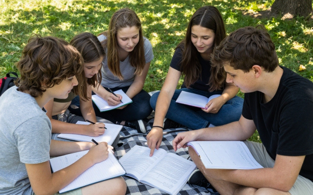Czworo nastolatków uczy się matematyki na kocu w parku, śmiejąc się i wskazując na zadanie w zeszycie.