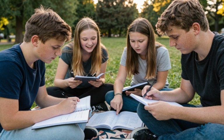 Czworo nastolatków uczy się matematyki na kocu w parku w złotym świetle popołudnia.