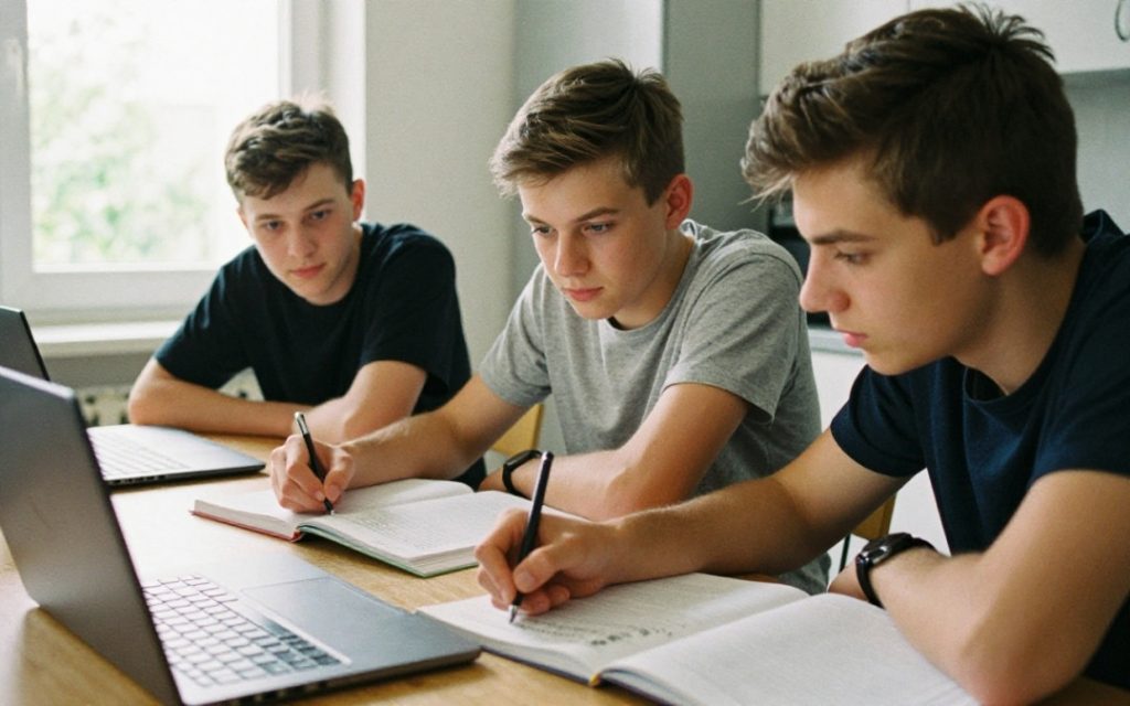 Czworo nastolatków uczy się wspólnie przy kuchennym stole, korzystając z zeszytów, notatek i laptopa.