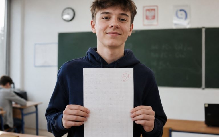 Dumny nastolatek trzyma dobrze napisaną kartkówkę z wysoką oceną w klasie.