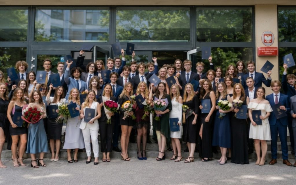 Duża grupa absolwentów w strojach galowych pozuje do zdjęcia grupowego przed budynkiem uczelni, trzymając dyplomy i bukiety kwiatów.