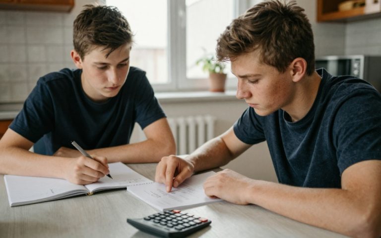 Dwóch nastolatków odrabia zadania z matematyki przy kuchennym stole, jeden tłumaczy drugiemu rozwiązanie.