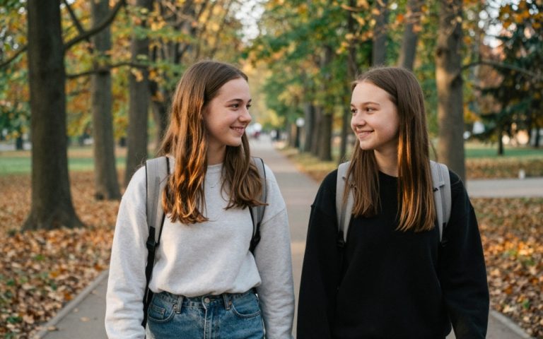 Dwoje nastolatków spaceruje ścieżką w zielonym parku, rozmawiając i odpoczywając po nauce.