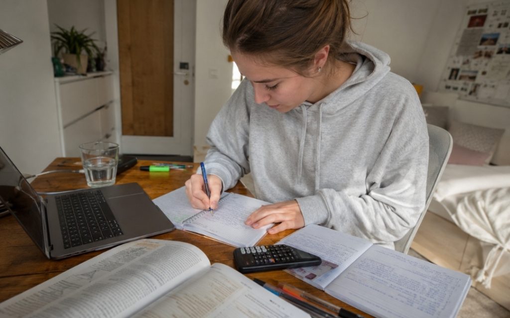 Dziewczyna uczy się przy biurku w domu, zapisując notatki w zeszycie obok laptopa, podręcznika i kalkulatora.