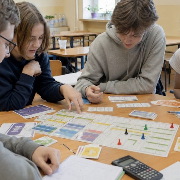 Grupa nastolatkóaw gra w edukacyjną grę planszową w szkole, siedząc przy stole z kartami, pionkami i notatkami.