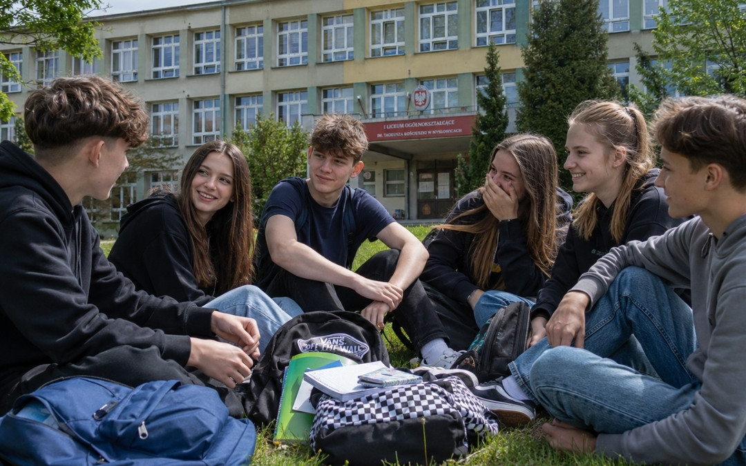 Grupa nastolatków siedzi na trawie przed budynkiem liceum, rozmawiając i śmiejąc się, z plecakami i zeszytami pośrodku.