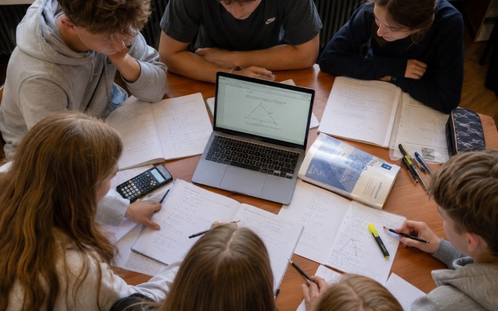 Grupa nastolatków siedzi wokół stołu z laptopem i zeszytami, wspólnie rozwiązując zadania z geometrii.