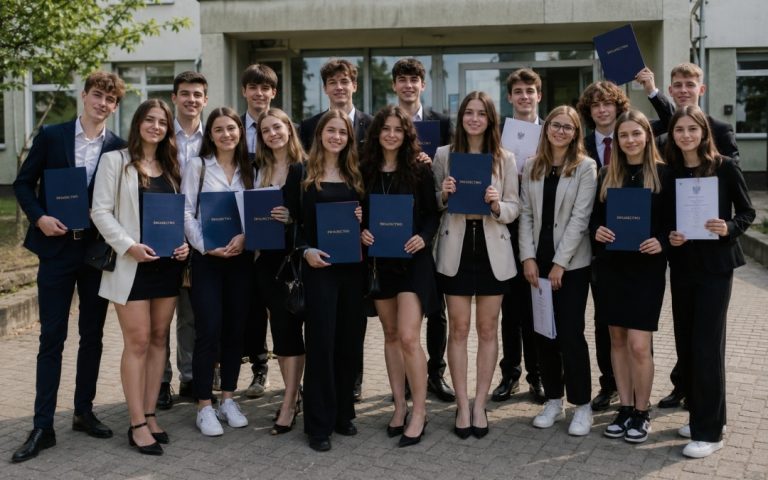 Grupa nastolatków w strojach galowych stoi przed szkołą i trzyma świadectwa ukończenia szkoły.
