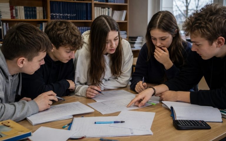 Grupa nastolatków wspólnie rozwiązuje łamigłówkę matematyczną przy stole, analizując notatki i schematy w zeszytach.