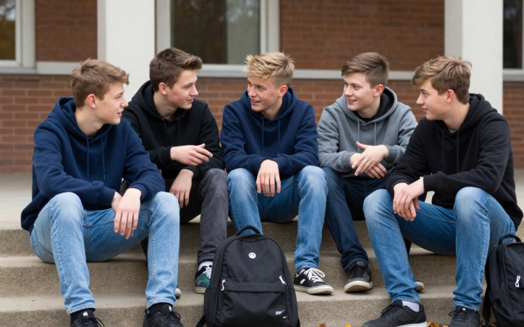 Grupa roześmianych nastolatków siedzi na schodach przed szkołą i rozmawia w jesienny dzień.