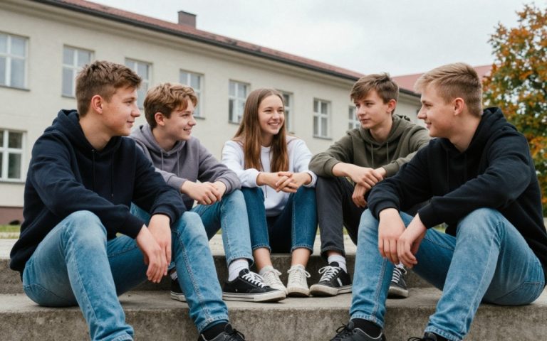 Grupa roześmianych nastolatków z plecakami stoi przed budynkiem szkoły w słoneczny dzień.