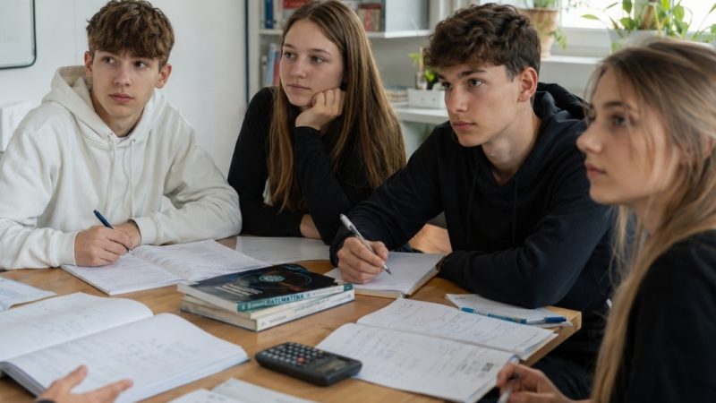 Grupa skupionej młodzieży siedząca przy stole z zeszytami i podręcznikami podczas wspólnej nauki lub lekcji matematyki.