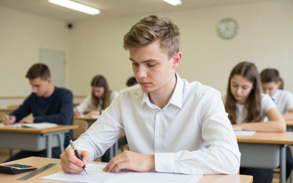 Maturzysta pisze oficjalny egzamin z matematyki w sali egzaminacyjnej.