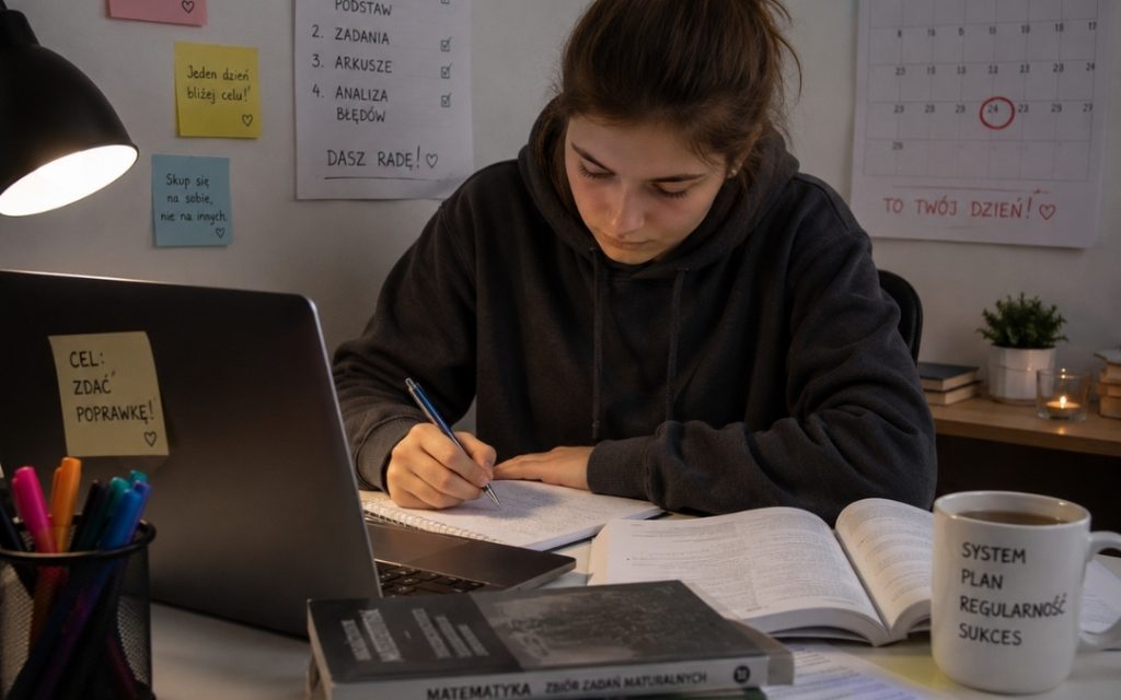 Maturzystka przygotowuje się do matury poprawkowej przy biurku z laptopem, podręcznikami i planem nauki.