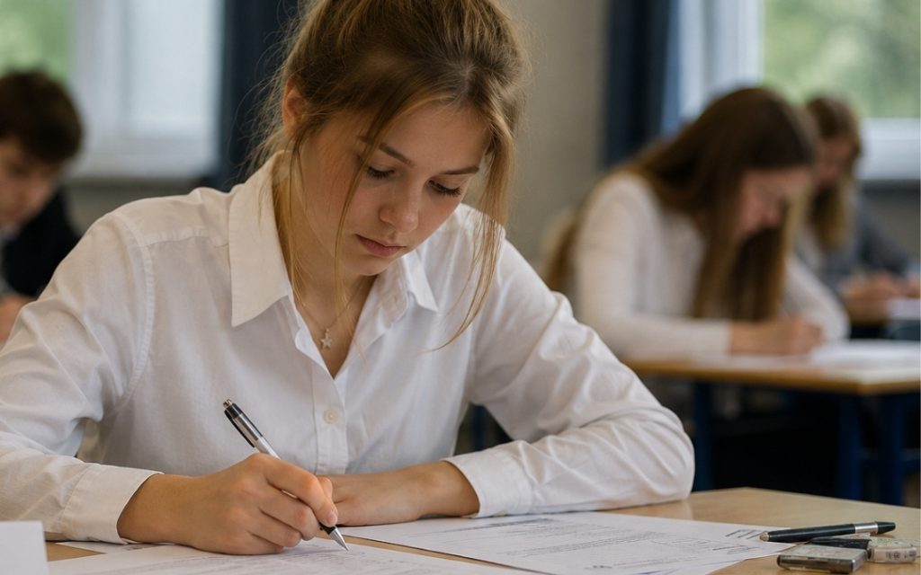 Maturzystka w białej koszuli pisze egzamin w sali lekcyjnej, w tle rówieśnicy pochyleni nad arkuszami.