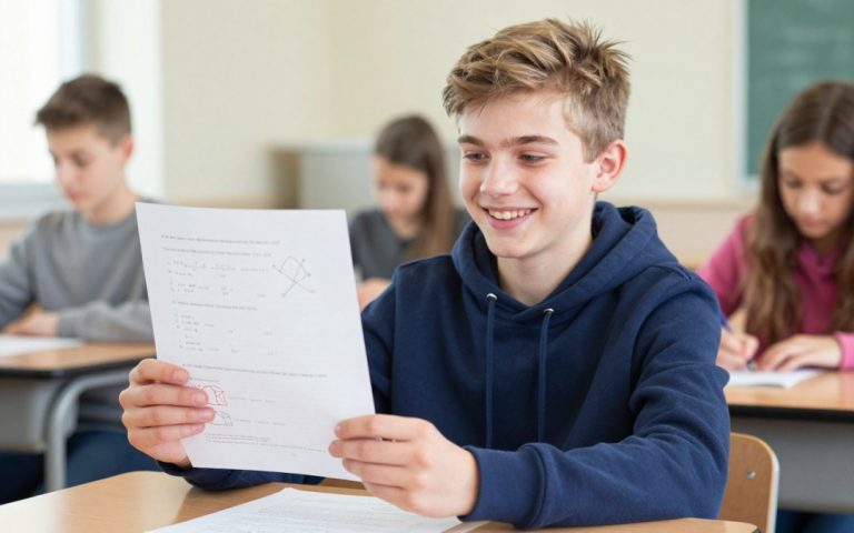 Nastolatek cieszy się z dobrej oceny z kartkówki z matematyki.