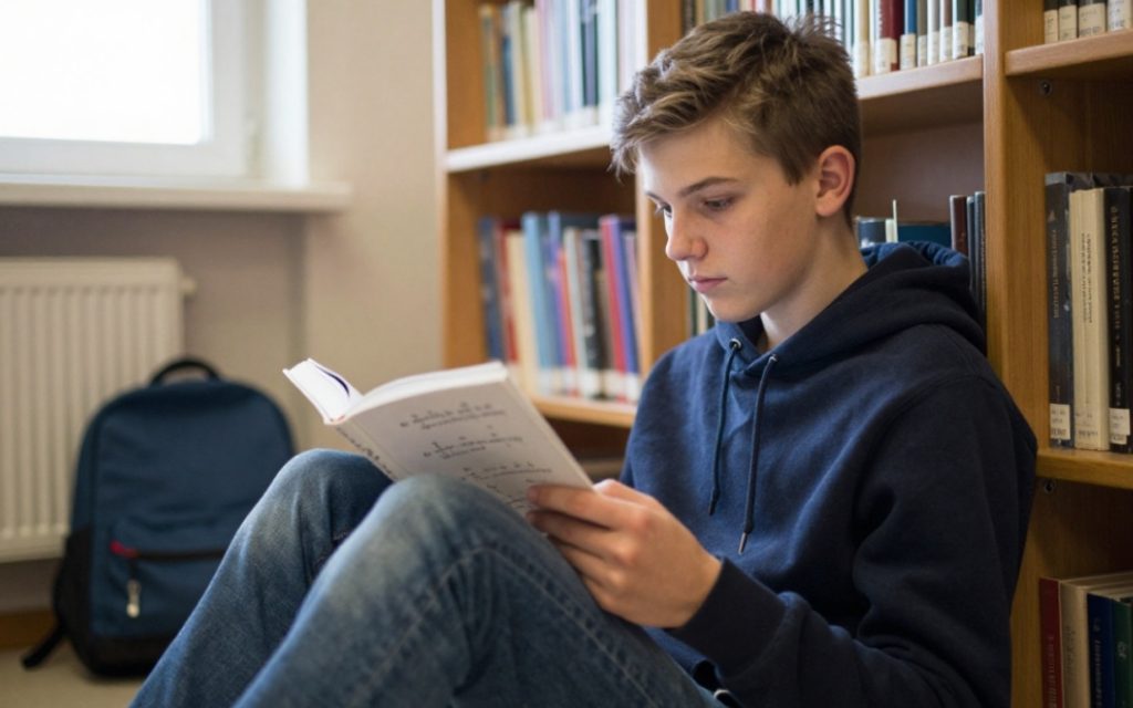 Nastolatek czyta podręcznik siedząc na podłodze w bibliotece