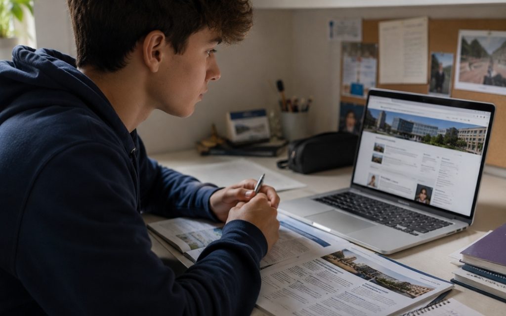 Nastolatek przegląda ofertę uczelni wyższych na laptopie, siedząc przy biurku z notatkami i informatorami.