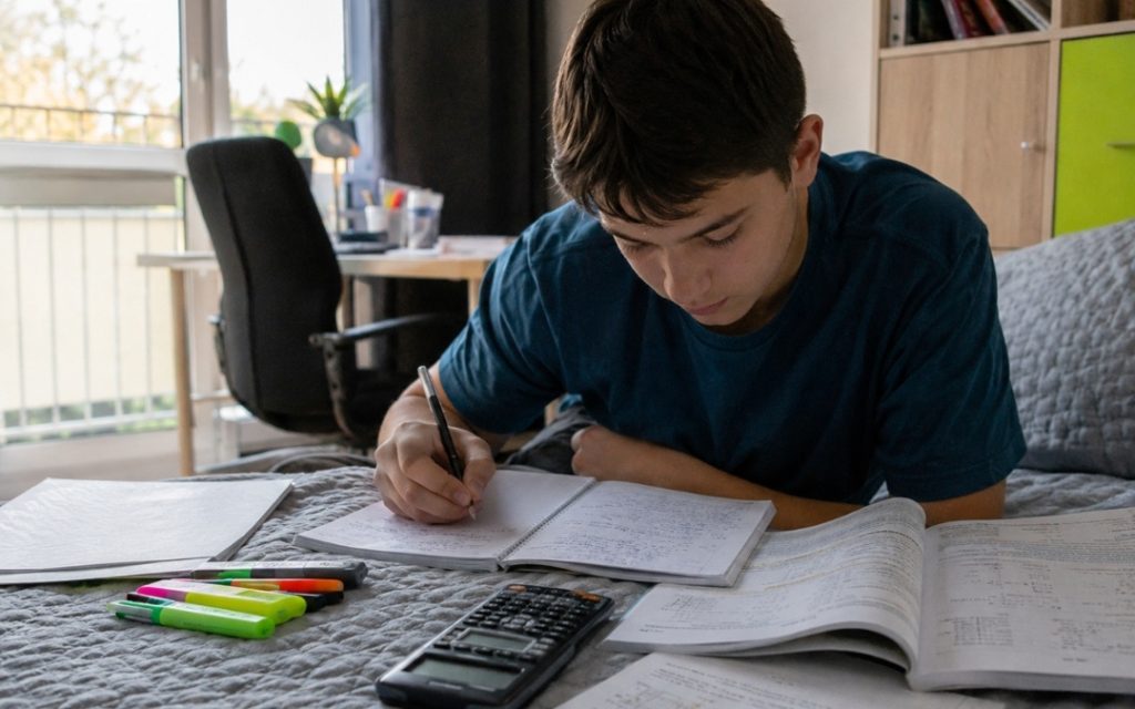 Nastolatek uczy się do egzaminu ósmoklasisty na łóżku w swoim pokoju, korzystając z zeszytu, podręcznika i kalkulatora.