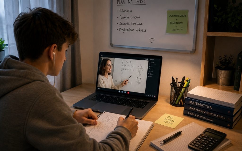 Nastolatek uczy się matematyki online, zapisując obliczenia w zeszycie przy laptopie.