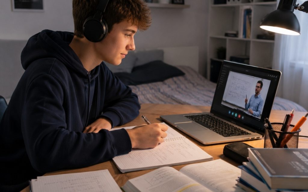Nastolatek uczy się online przy biurku, słuchając lekcji na laptopie i zapisując notatki w zeszycie.