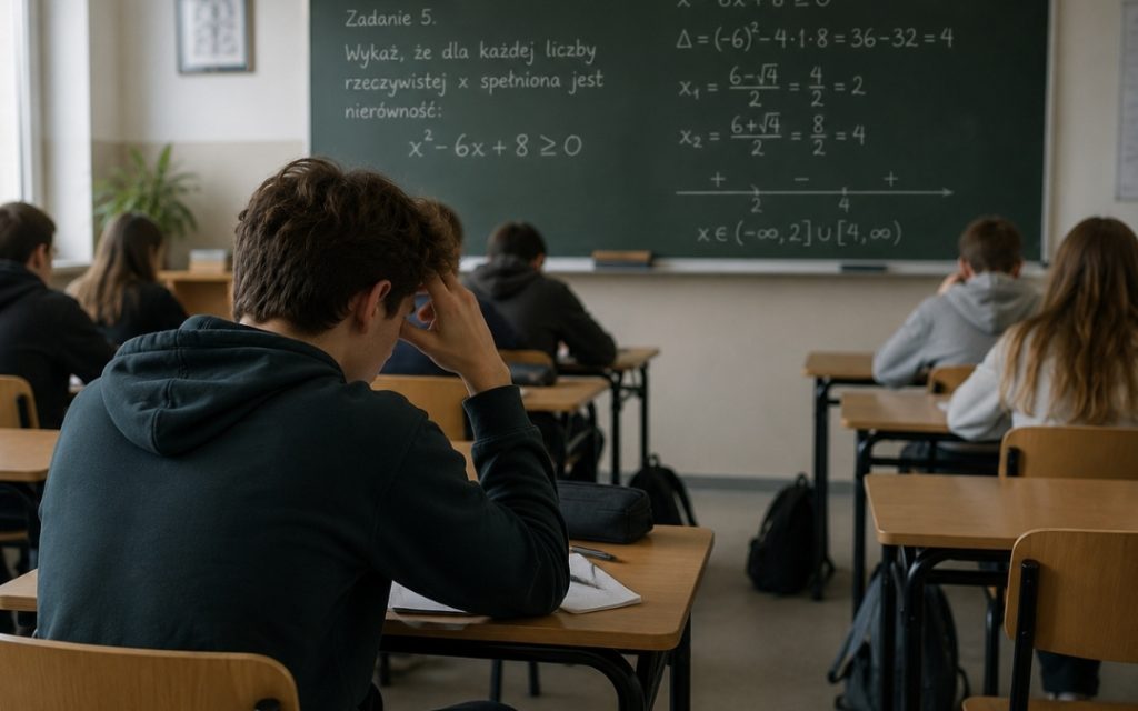 Nastolatek w ciemnej bluzie siedzi w ławce i podpiera głowę dłonią, patrząc na tablicę z nierównością kwadratową.