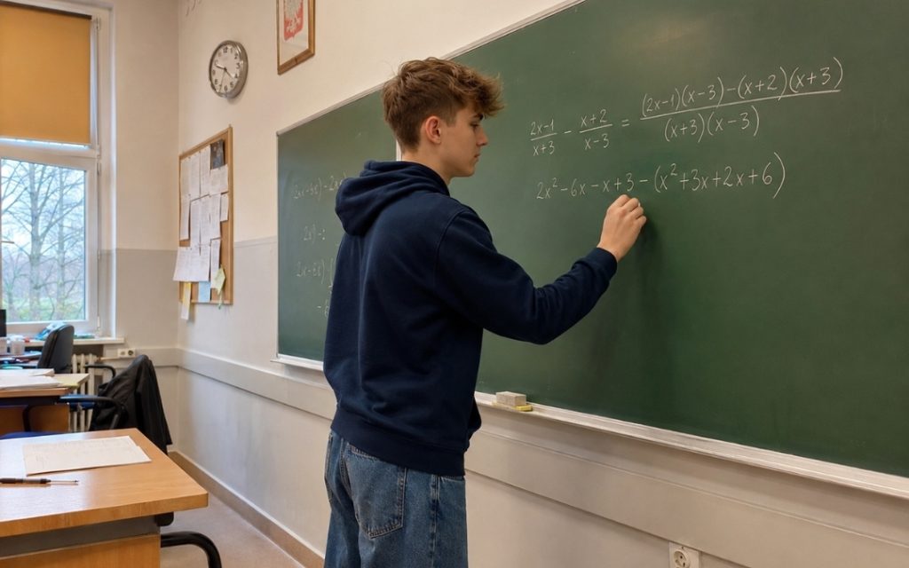 Nastolatek w granatowej bluzie i jeansach rozwiązuje równanie z ułamkami algebraicznymi kredą na zielonej tablicy w klasie szkolnej.