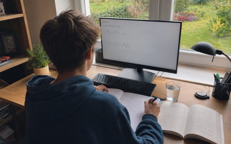 Nastolatek w granatowej bluzie siedzi przy biurku i rozwiązuje zadania w zeszycie, patrząc na monitor z równaniami.
