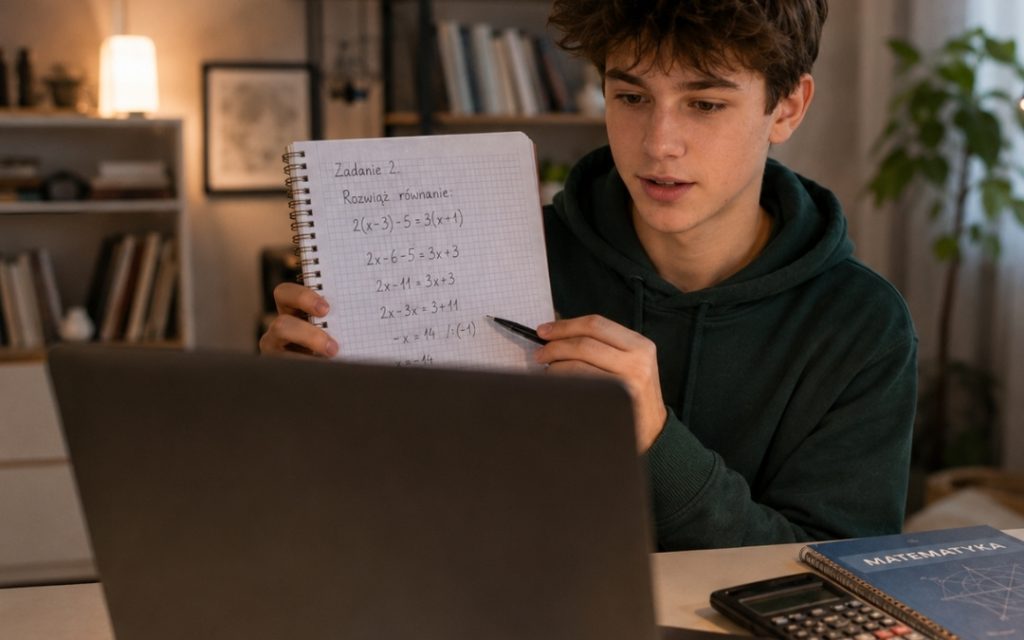 Nastolatek w zielonej bluzie pokazuje do kamery laptopa zeszyt z rozwiązanym równaniem.