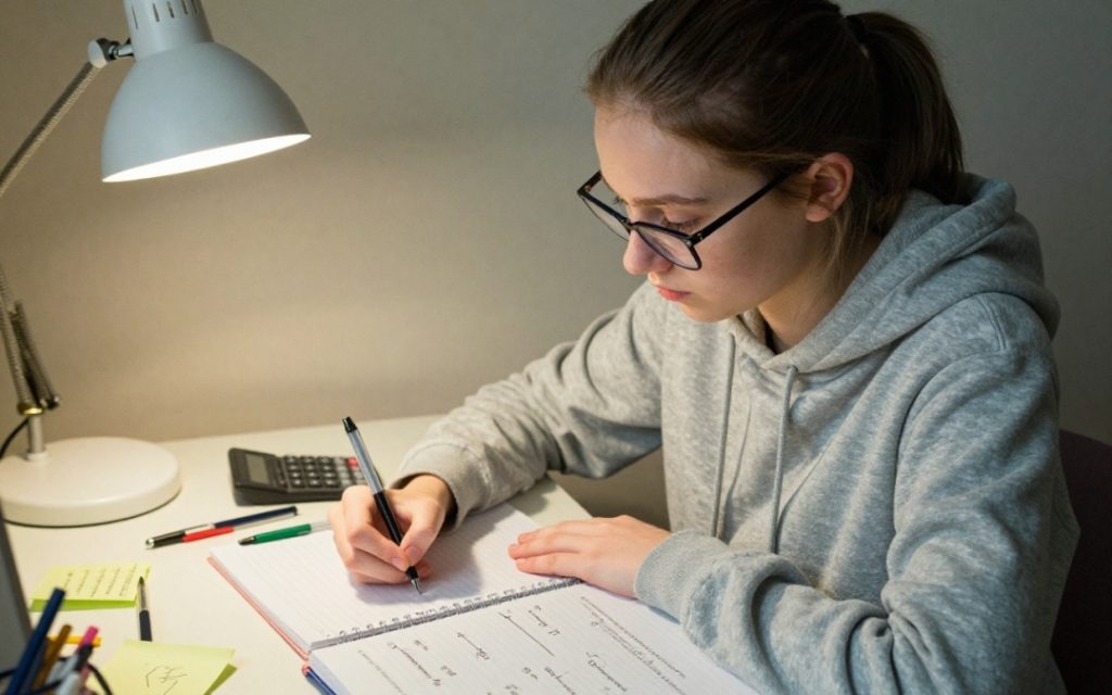 Nastolatka w ciemnej bluzie siedzi wieczorem przy biurku oświetlonym lampką i pisze w zeszycie obok otwartego podręcznika.