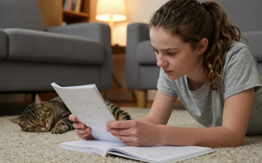Nastolatka leży na brzuchu na dywanie w salonie i czyta repetytorium z matematyki, obok śpiący kot.