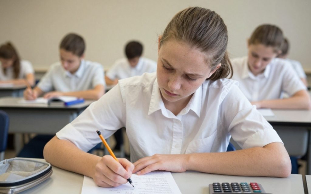 Nastolatka pisze egzamin z matematyki w sali egzaminacyjnej