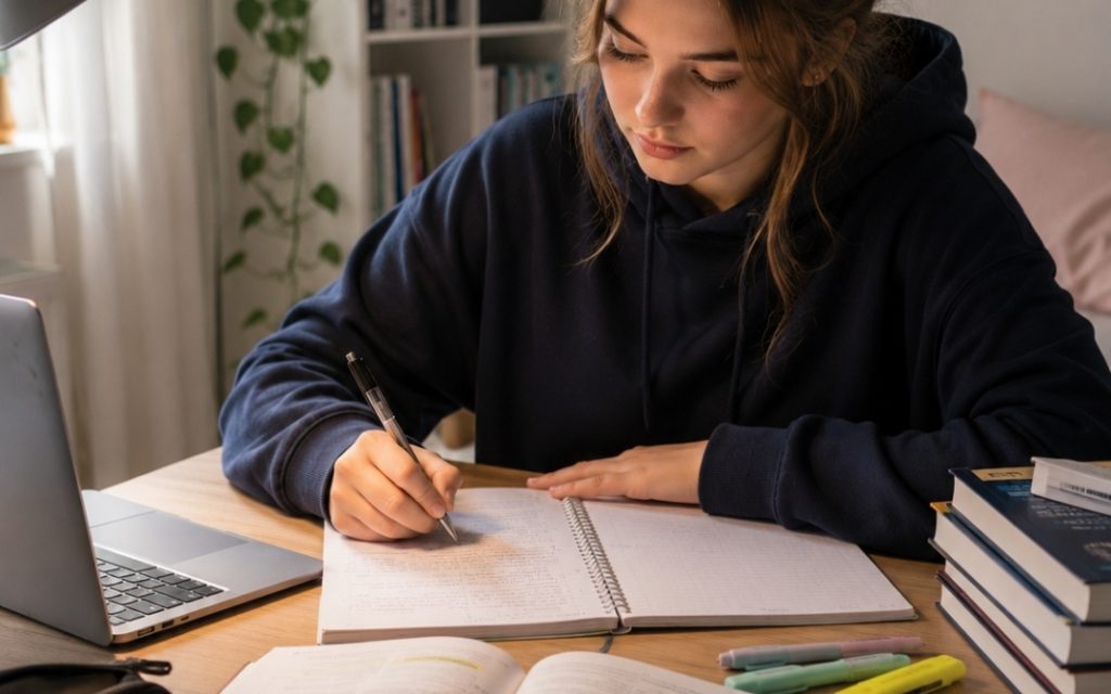 Nastolatka przygotowuje się do matury przy biurku, zapisując notatki w zeszycie obok laptopa, podręcznika i książek.
