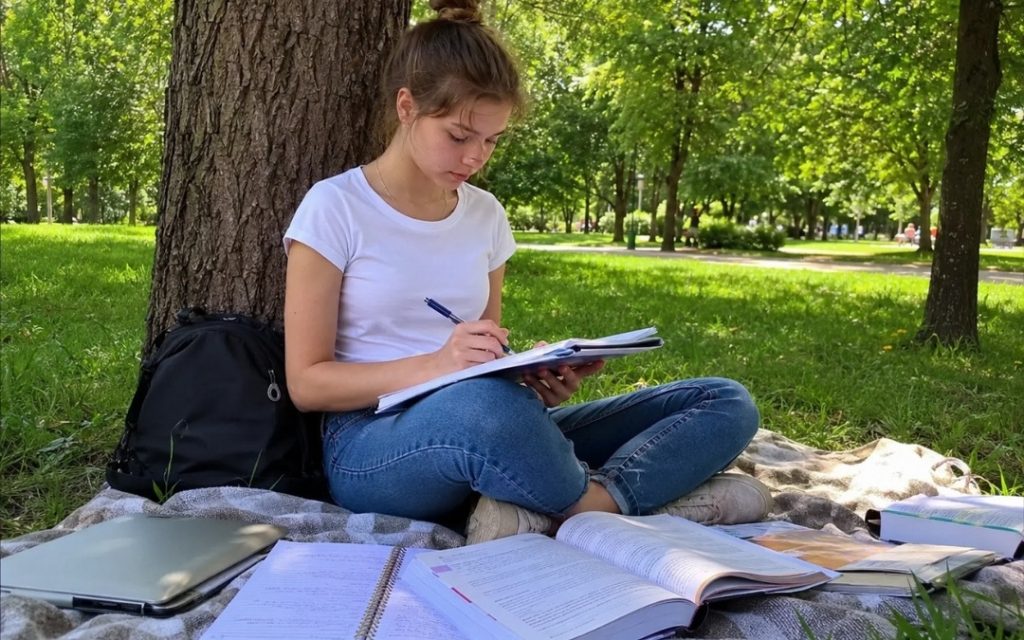 Nastolatka siedzi po turecku na kocu pod drzewem w parku i pisze w zeszycie, otoczona otwartymi podręcznikami i laptopem.