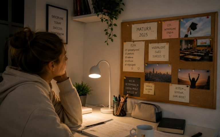 Nastolatka siedzi wieczorem przy biurku i patrzy na tablicę korkową z planem przygotowań do matury 2025.