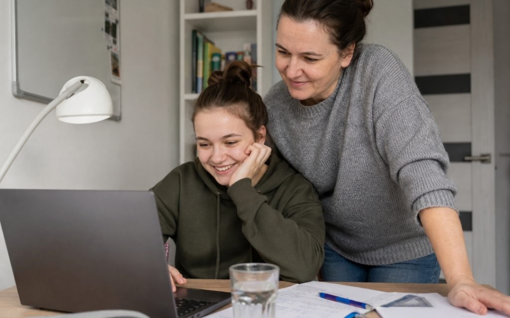 Nastolatka sprawdza wynik na laptopie, a stojąca obok mama patrzy razem z nią na ekran.