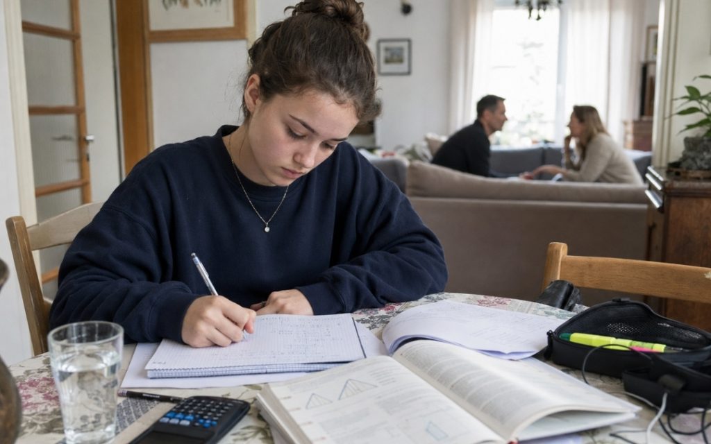 Nastolatka uczy się matematyki przy stole w jadalni, a w tle w salonie siedzą jej rodzice.