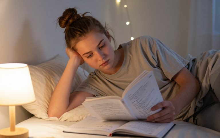 Nastolatka uczy się sama wieczorem w łóżku, przy świetle lampki nocnej.