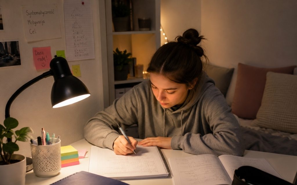 Nastolatka uczy się samodzielnie matematyki przy biurku, zapisując notatki w zeszycie przy świetle lampki.