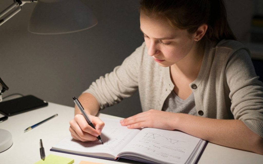 Nastolatka uczy się trygonometrii wieczorem przy biurku oświetlonym lampką, z zeszytem pełnym wykresów.