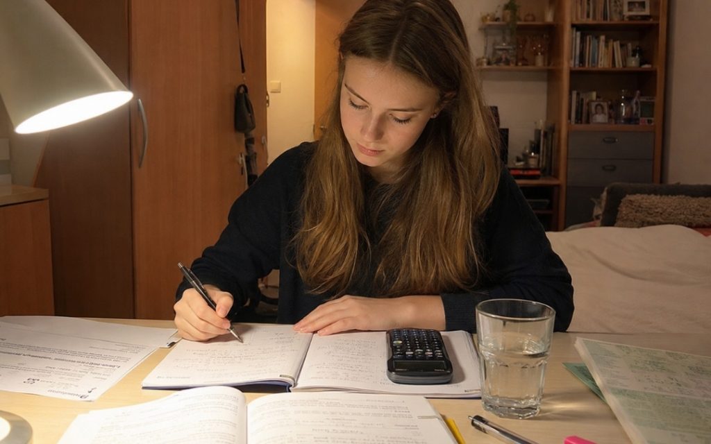 Nastolatka w granatowej bluzie pisze wieczorem w zeszycie przy biurku oświetlonym lampką.