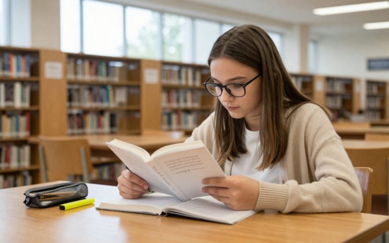 Nastolatka w okularach i beżowym swetrze czyta książkę przy stoliku w bibliotece.
