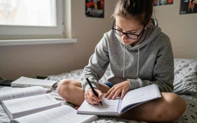 Nastolatka w okularach i szarej bluzie siedzi po turecku na łóżku i rozwiązuje zadania z algebry w zeszycie, otoczona podręcznikami i kalkulatorem.