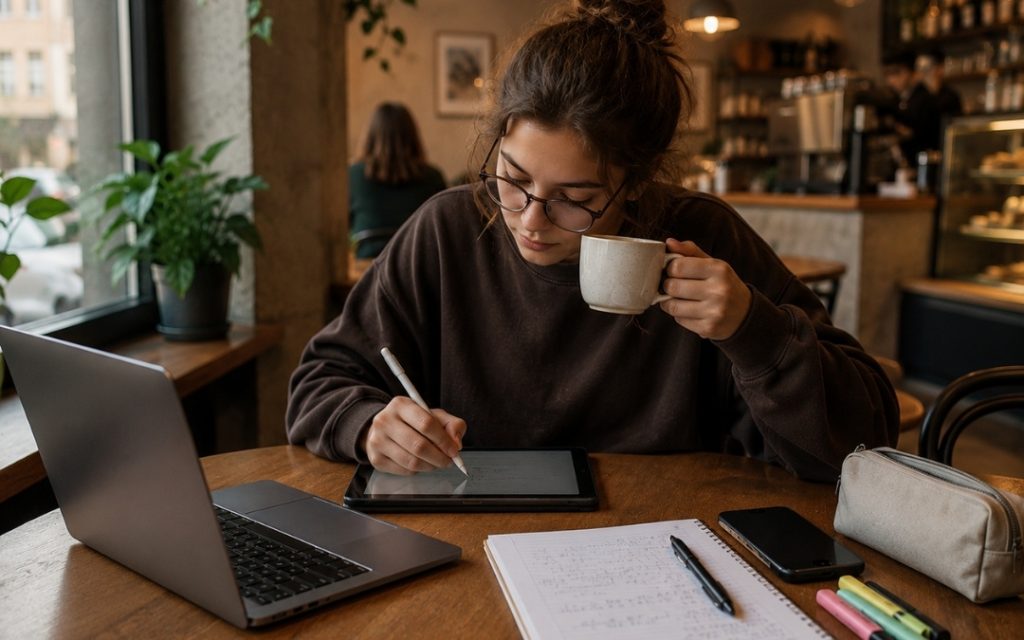Nastolatka w okularach siedzi w przytulnej kawiarni przy drewnianym stoliku, pije kawę i robi notatki rysikiem na tablecie obok laptopa, zeszytu i zakreślaczy.
