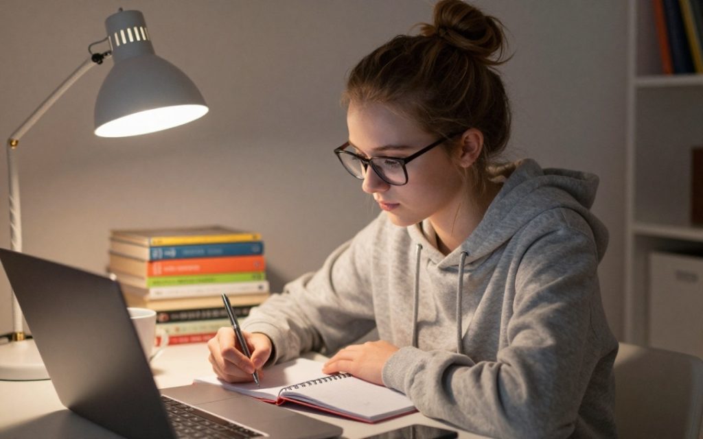Nastolatka w okularach uczy się przy laptopie i notuje w zeszycie.