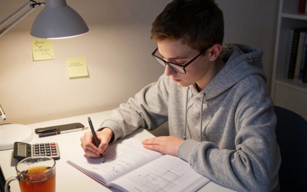 Nastolatek w okularach uczy się trygonometrii wieczorem przy lampce