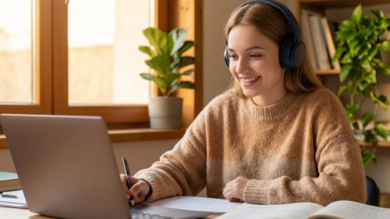 Nastolatka w słuchawkach notuje w zeszycie podczas lekcji online na laptopie.