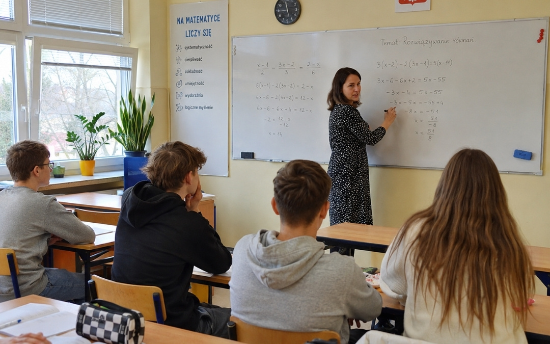 Nauczycielka w czarnej sukience w kropki tłumaczy rozwiązywanie równań przy białej tablicy.